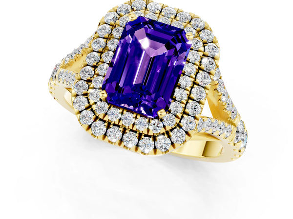 Yellow gold Double Halo Emerald Cut Tanzanite Split Shank Engagement Ring with Four-Prong Setting