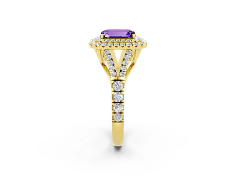 Yellow gold Double Halo Emerald Cut Tanzanite Split Shank Engagement Ring with Four-Prong Setting_2
