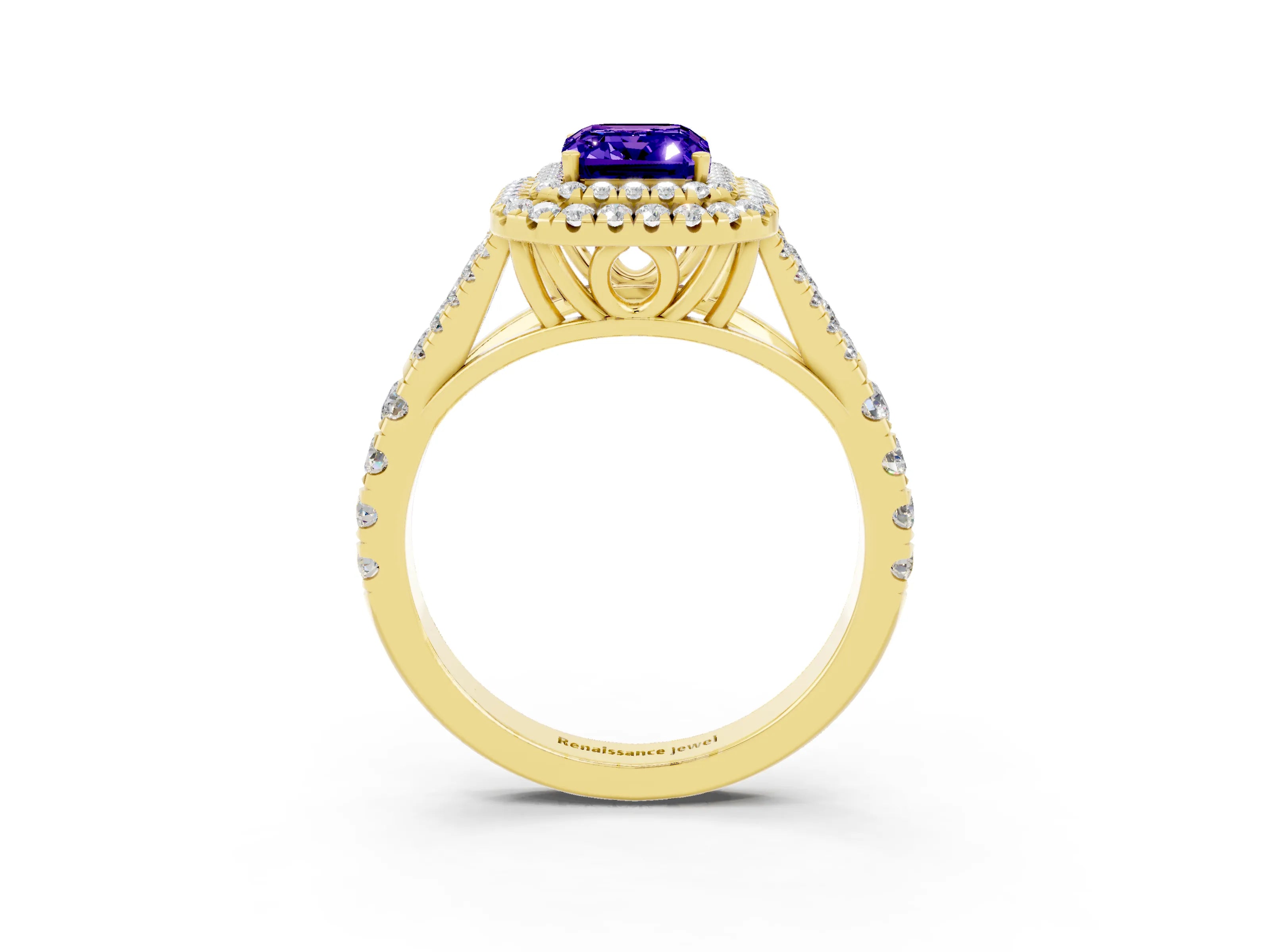 Yellow gold Double Halo Emerald Cut Tanzanite Split Shank Engagement Ring with Four-Prong Setting_3