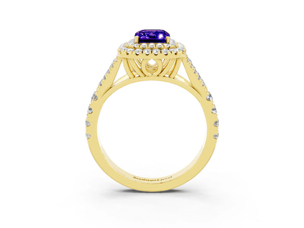 Yellow gold Double Halo Emerald Cut Tanzanite Split Shank Engagement Ring with Four-Prong Setting