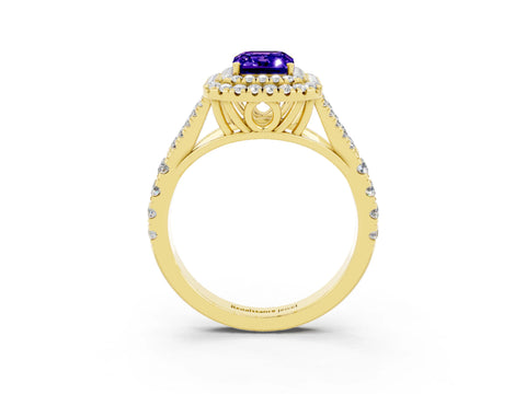 Yellow gold Double Halo Emerald Cut Tanzanite Split Shank Engagement Ring with Four-Prong Setting_3