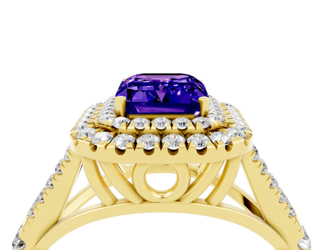 Yellow gold Double Halo Emerald Cut Tanzanite Split Shank Engagement Ring with Four-Prong Setting_4