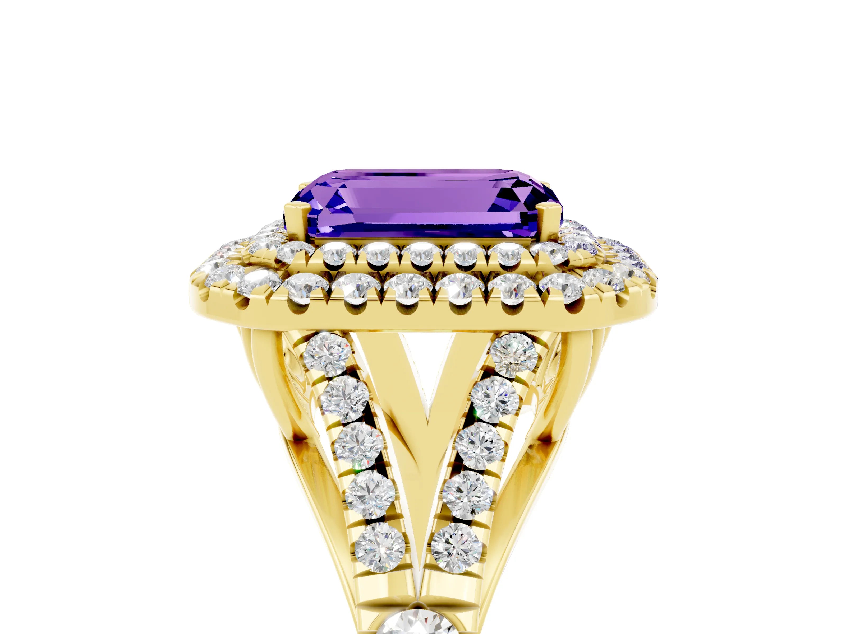 Yellow gold Double Halo Emerald Cut Tanzanite Split Shank Engagement Ring with Four-Prong Setting_5