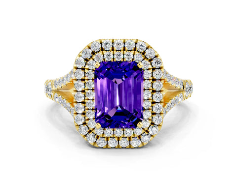 Yellow gold Double Halo Emerald Cut Tanzanite Split Shank Engagement Ring with Four-Prong Setting