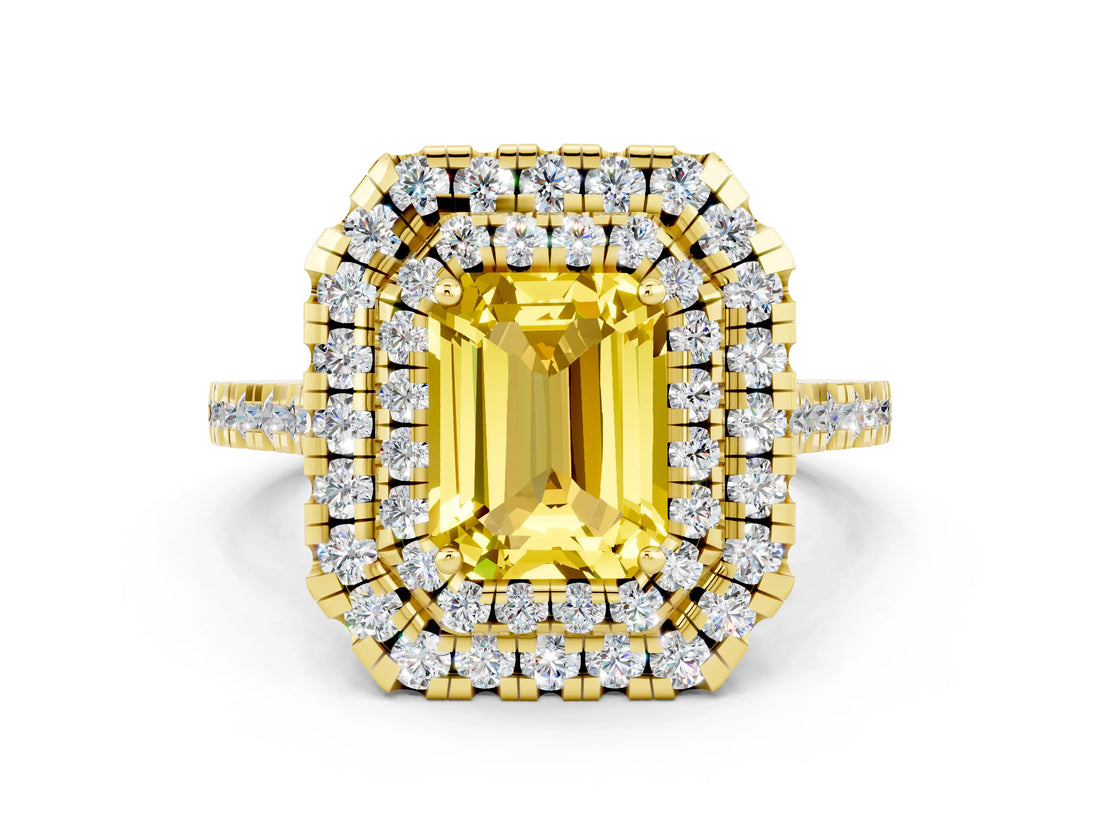 Yellow gold Double Halo Emerald Cut Yellow Sapphire Pavé Band with Four-Prong Setting_24