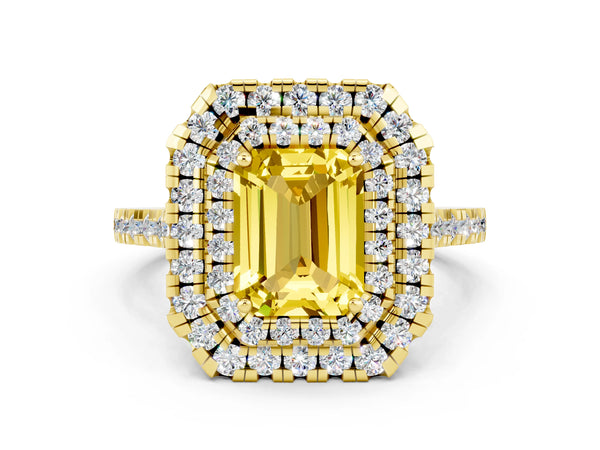 Yellow gold Double Halo Emerald Cut Yellow Sapphire Pavé Band with Four-Prong Setting
