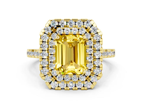 Yellow gold Double Halo Emerald Cut Yellow Sapphire Pavé Band with Four-Prong Setting_24