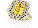 Yellow gold Double Halo Emerald Cut Yellow Sapphire Pavé Band with Four-Prong Setting_25