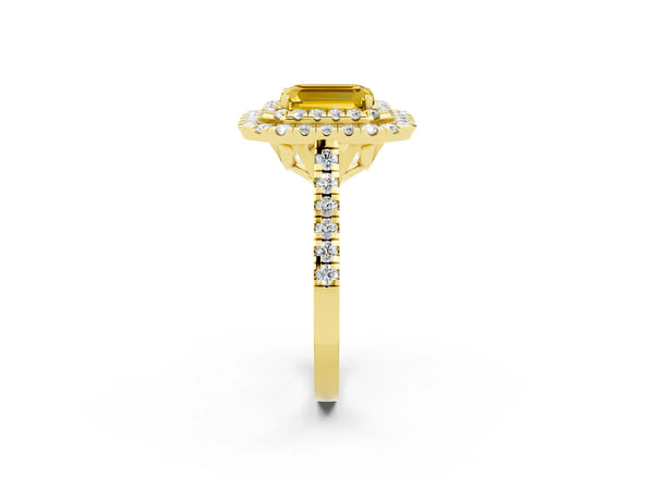 Yellow gold Double Halo Emerald Cut Yellow Sapphire Pavé Band with Four-Prong Setting