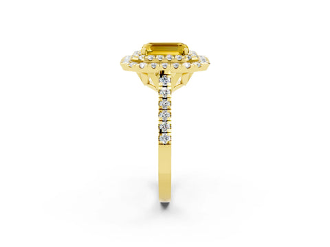 Yellow gold Double Halo Emerald Cut Yellow Sapphire Pavé Band with Four-Prong Setting_26