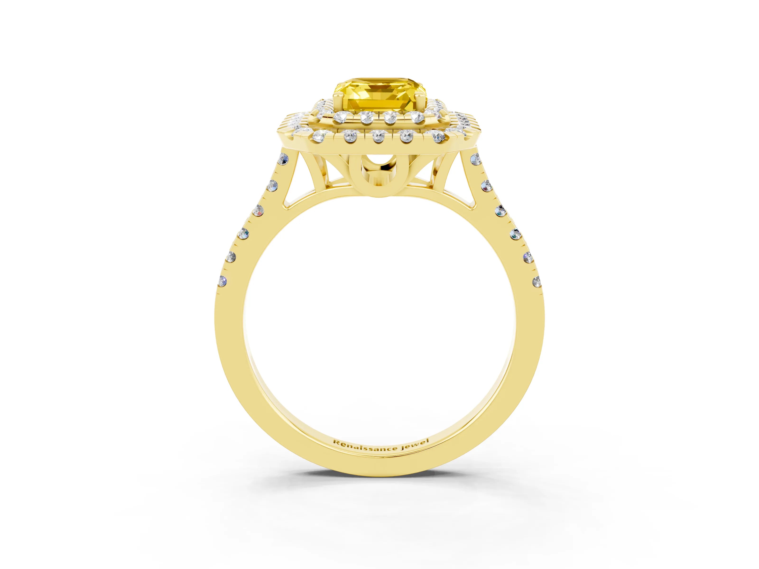 Yellow gold Double Halo Emerald Cut Yellow Sapphire Pavé Band with Four-Prong Setting_27
