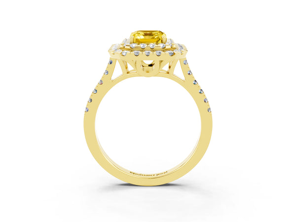 Yellow gold Double Halo Emerald Cut Yellow Sapphire Pavé Band with Four-Prong Setting