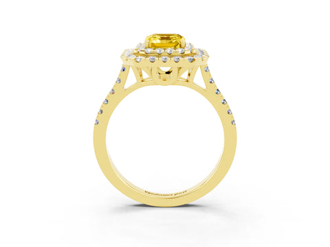 Yellow gold Double Halo Emerald Cut Yellow Sapphire Pavé Band with Four-Prong Setting_27