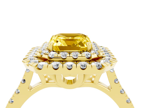 Yellow gold Double Halo Emerald Cut Yellow Sapphire Pavé Band with Four-Prong Setting_28