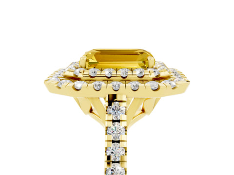 Yellow gold Double Halo Emerald Cut Yellow Sapphire Pavé Band with Four-Prong Setting_29