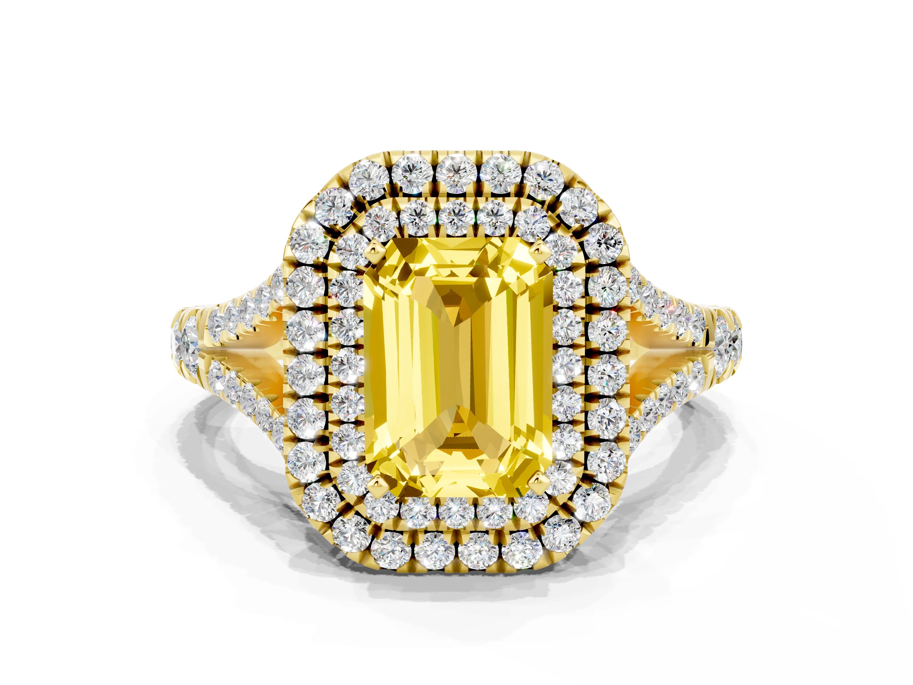 Yellow gold Double Halo Emerald Cut Yellow Sapphire Pavé Split Shank Ring with Prong Setting