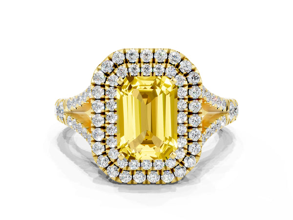 Yellow gold Double Halo Emerald Cut Yellow Sapphire Pavé Split Shank Ring with Prong Setting