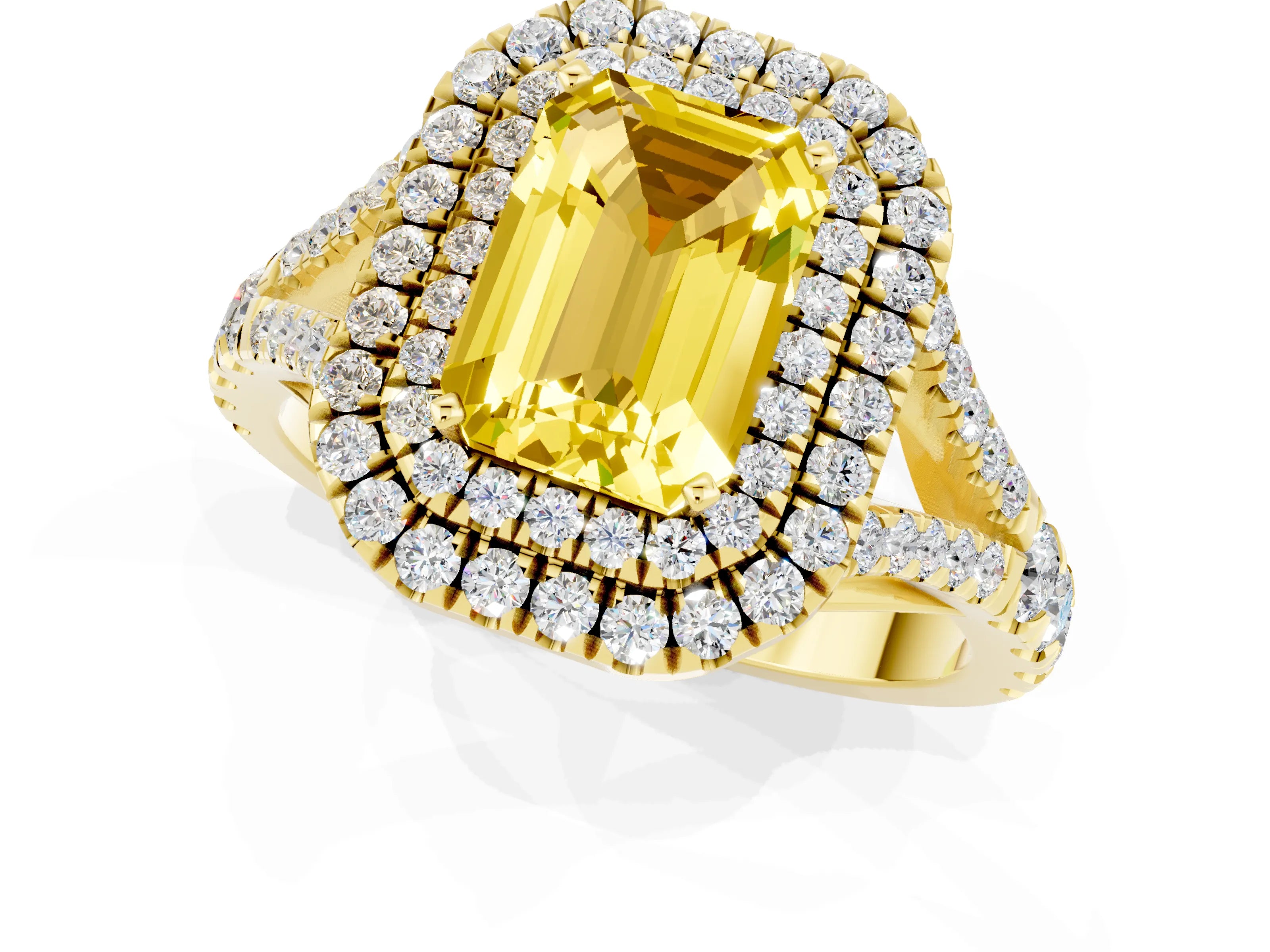 Yellow gold Double Halo Emerald Cut Yellow Sapphire Pavé Split Shank Ring with Prong Setting_1