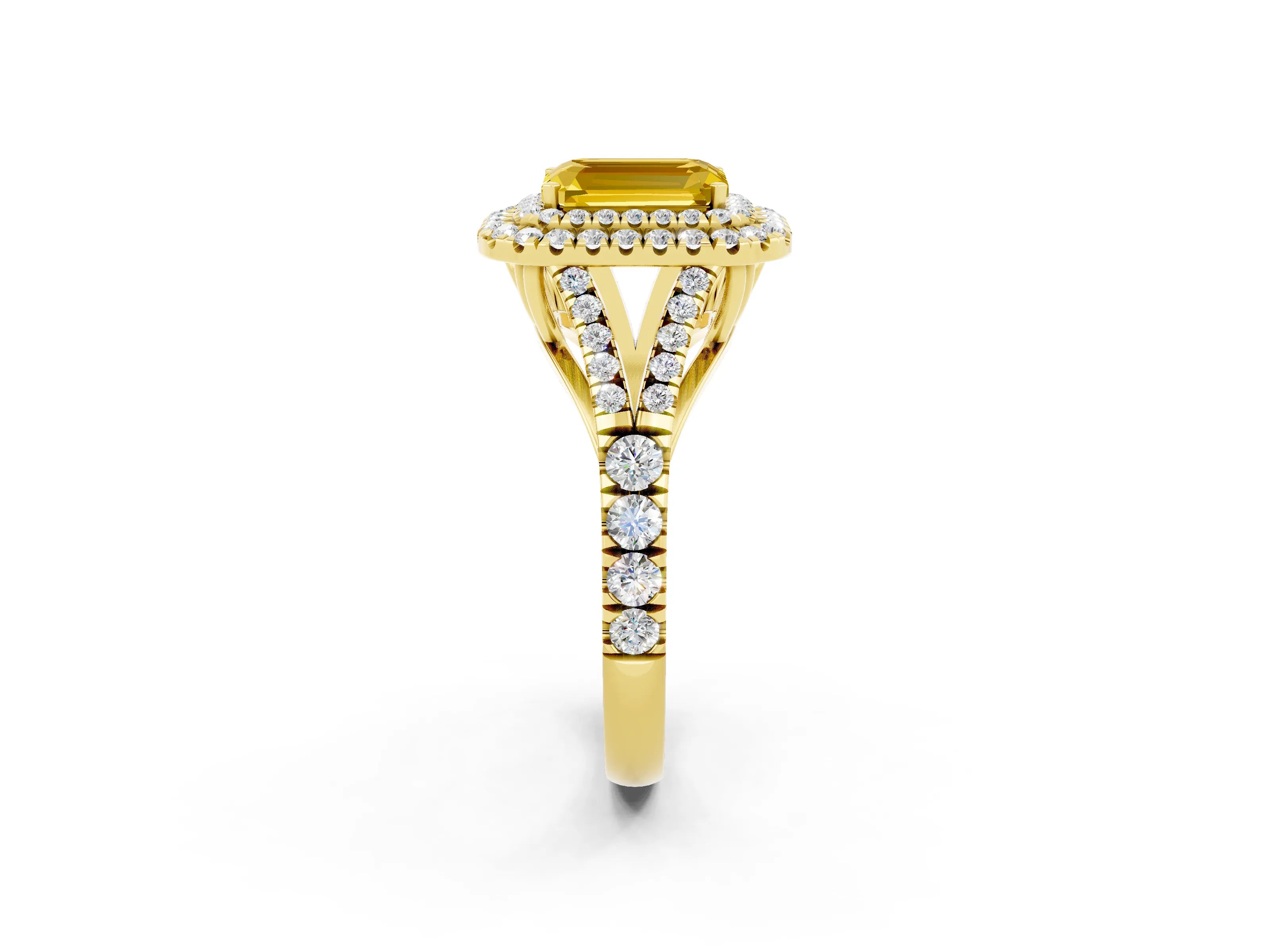 Yellow gold Double Halo Emerald Cut Yellow Sapphire Pavé Split Shank Ring with Prong Setting_2