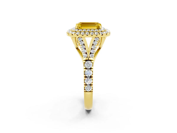 Yellow gold Double Halo Emerald Cut Yellow Sapphire Pavé Split Shank Ring with Prong Setting