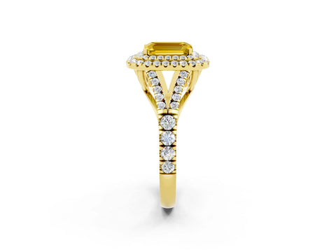 Yellow gold Double Halo Emerald Cut Yellow Sapphire Pavé Split Shank Ring with Prong Setting_2