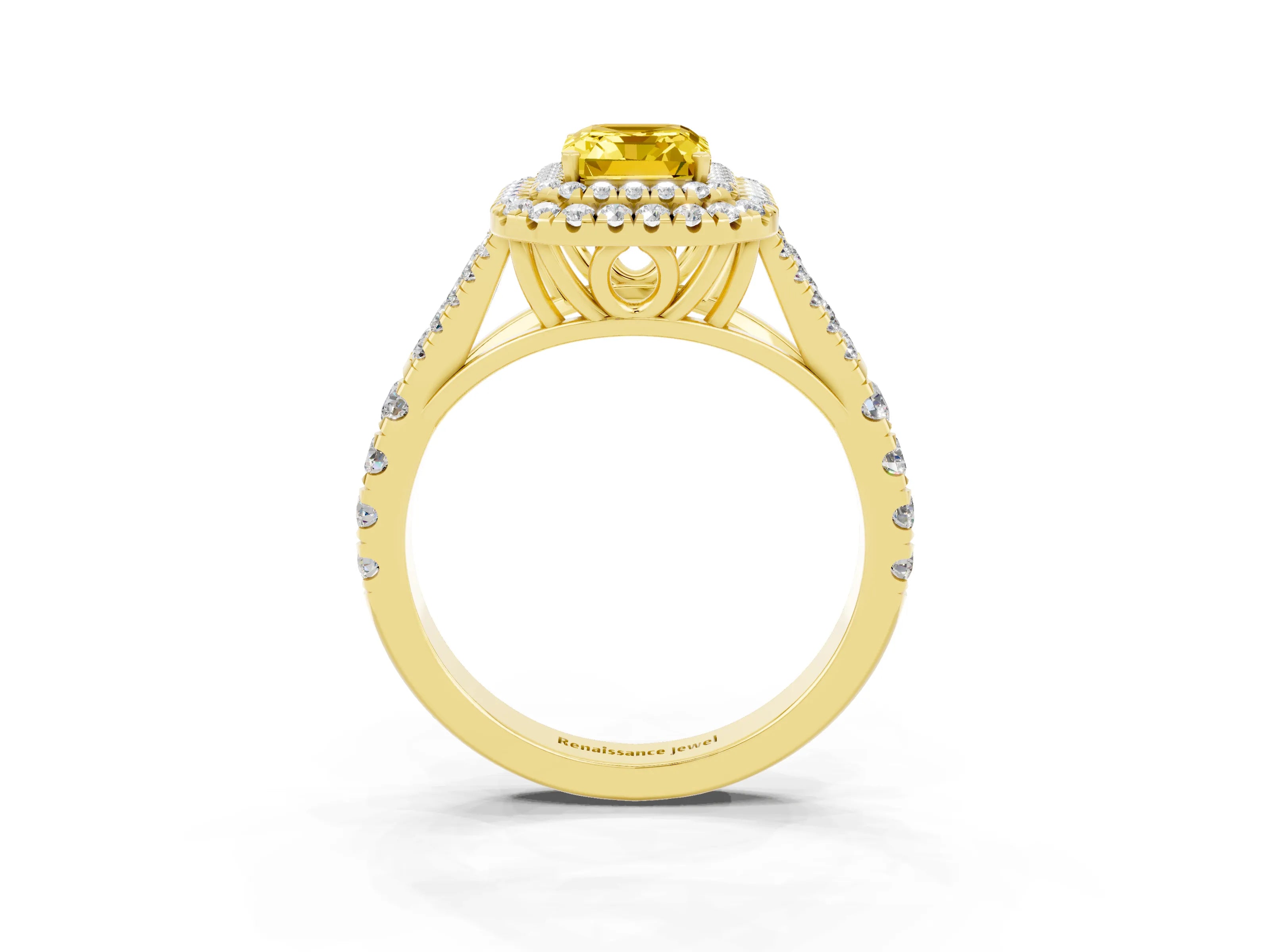 Yellow gold Double Halo Emerald Cut Yellow Sapphire Pavé Split Shank Ring with Prong Setting_3