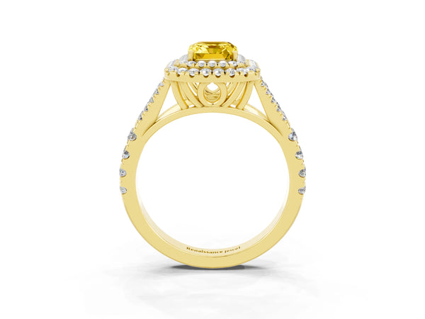 Yellow gold Double Halo Emerald Cut Yellow Sapphire Pavé Split Shank Ring with Prong Setting