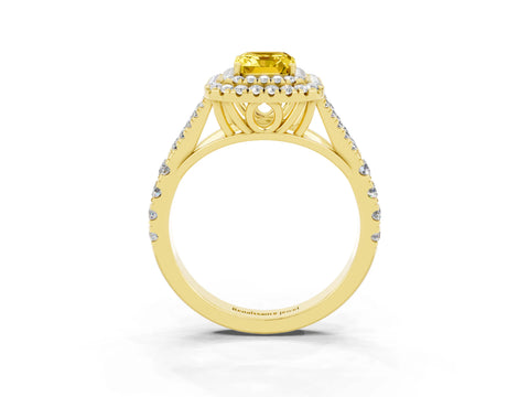 Yellow gold Double Halo Emerald Cut Yellow Sapphire Pavé Split Shank Ring with Prong Setting_3