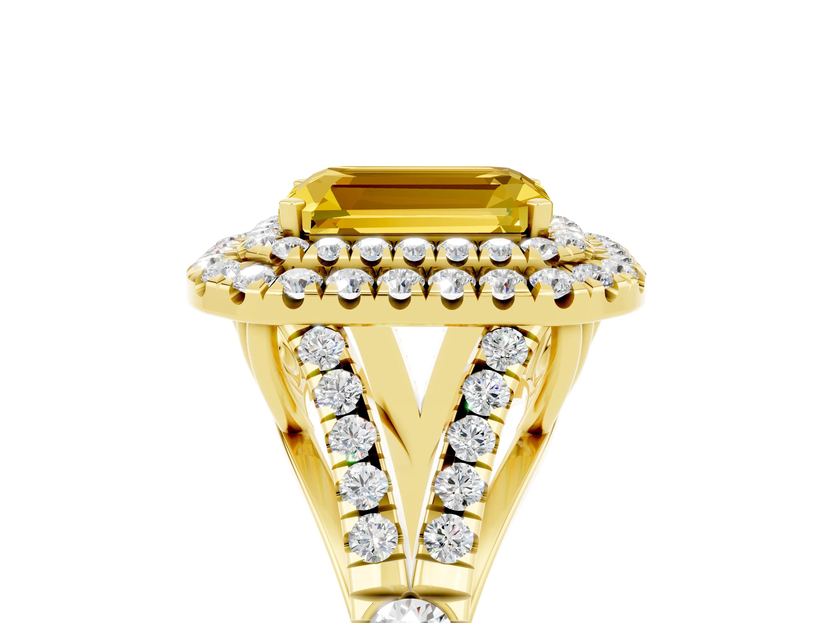 Yellow gold Double Halo Emerald Cut Yellow Sapphire Pavé Split Shank Ring with Prong Setting_5