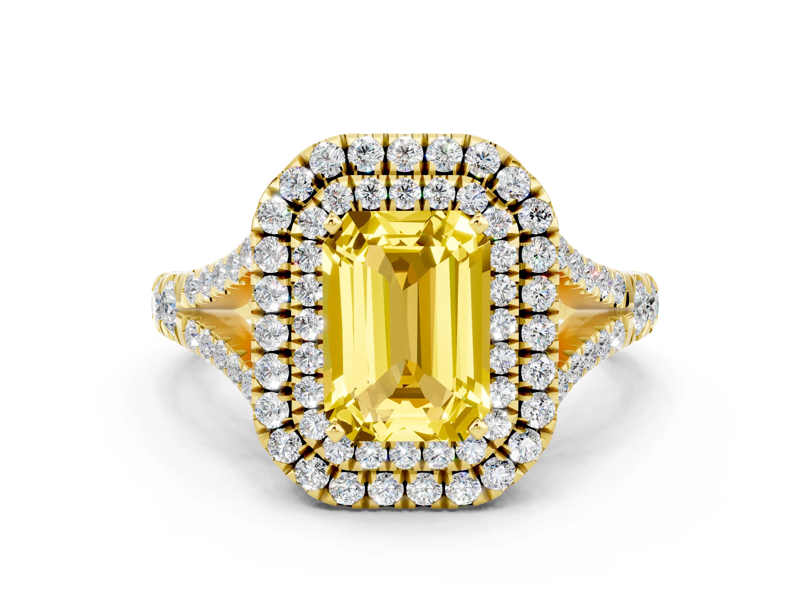 Yellow gold Double Halo Emerald Cut Yellow Sapphire Split Shank Engagement Ring with Four-Prong Setting
