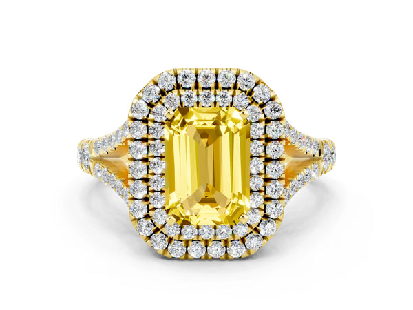 Yellow gold Double Halo Emerald Cut Yellow Sapphire Split Shank Engagement Ring with Four-Prong Setting