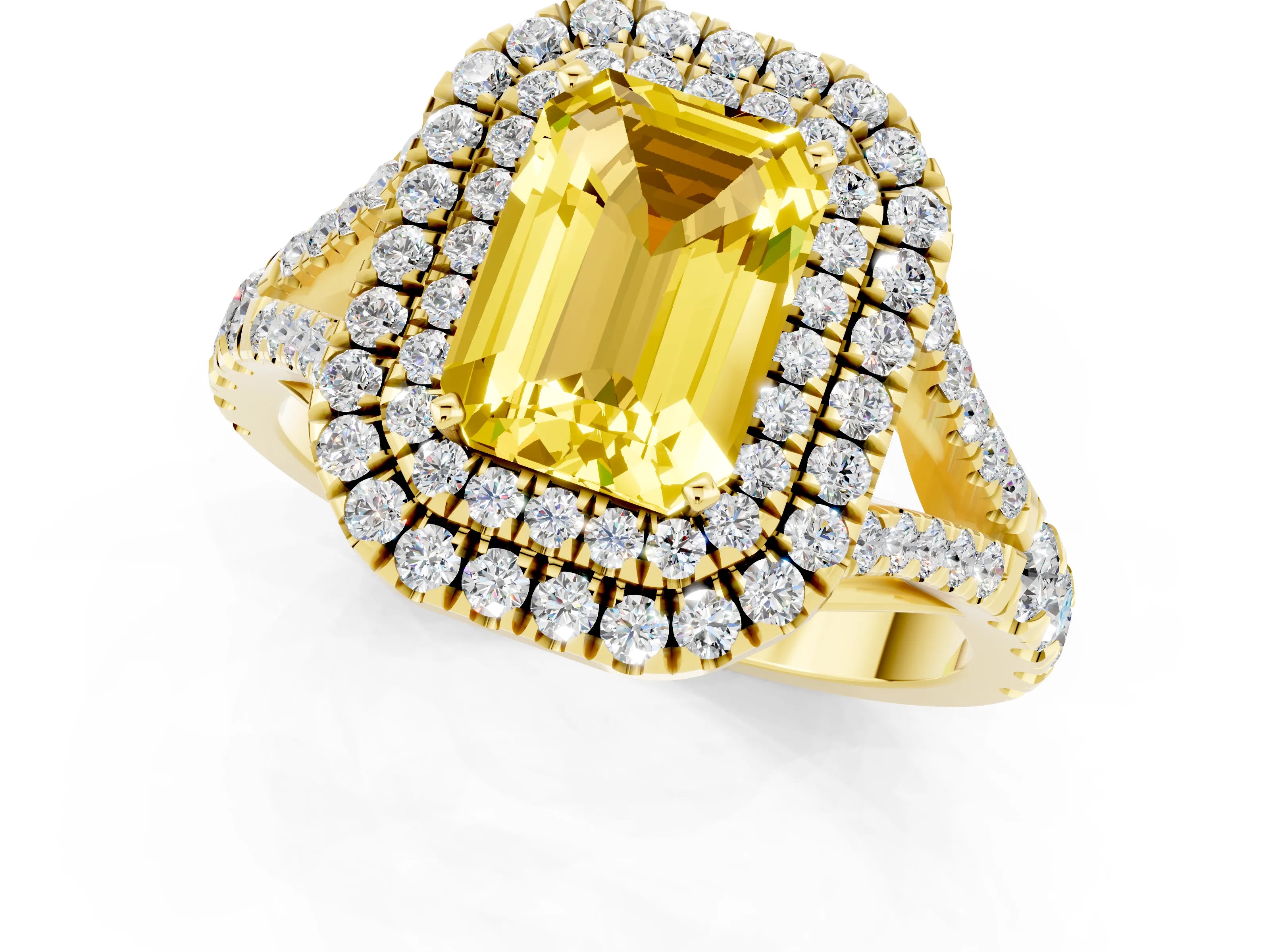 Yellow gold Double Halo Emerald Cut Yellow Sapphire Split Shank Engagement Ring with Four-Prong Setting_1