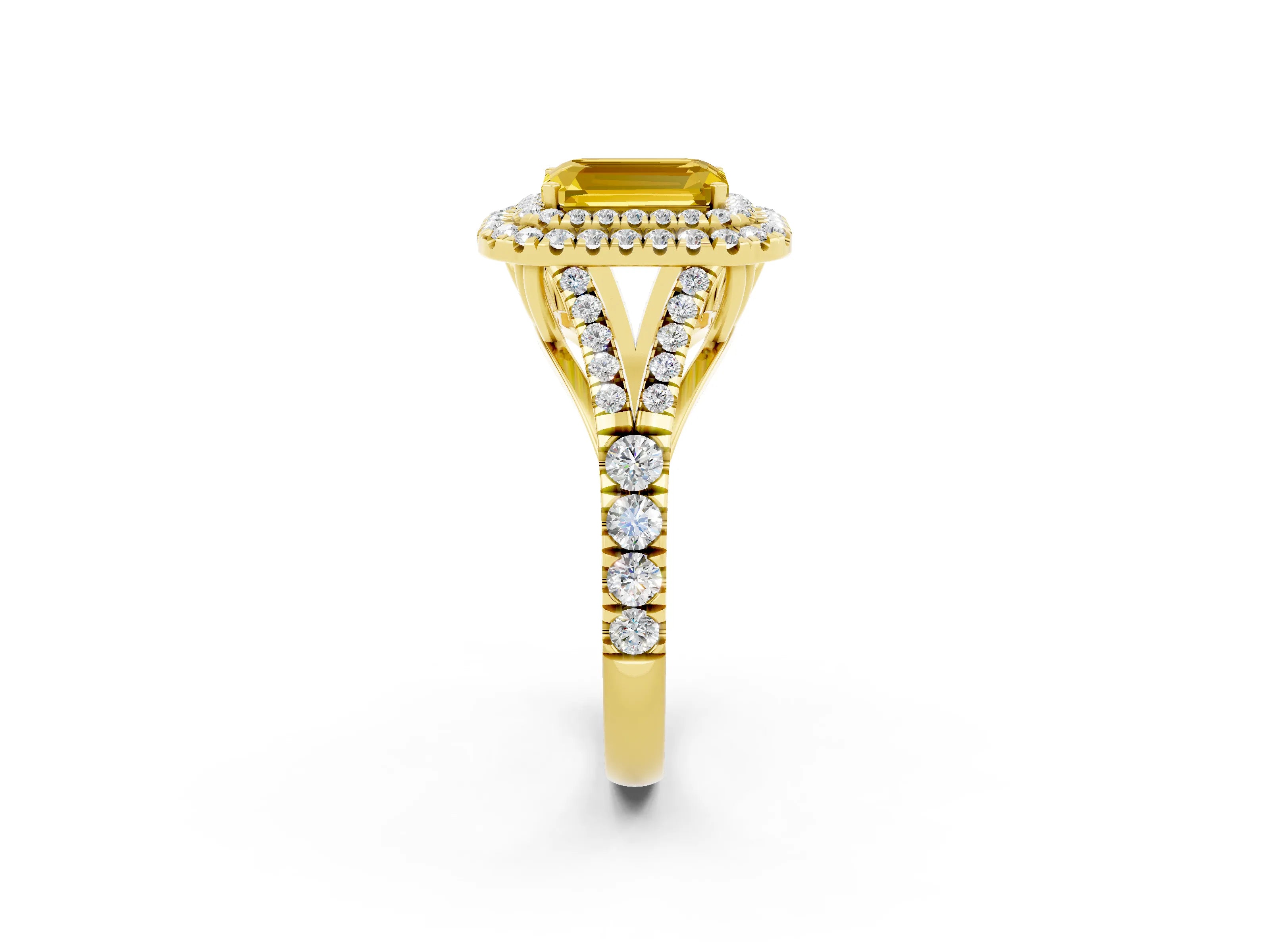 Yellow gold Double Halo Emerald Cut Yellow Sapphire Split Shank Engagement Ring with Four-Prong Setting_2