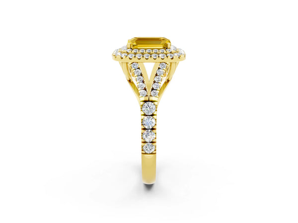 Yellow gold Double Halo Emerald Cut Yellow Sapphire Split Shank Engagement Ring with Four-Prong Setting