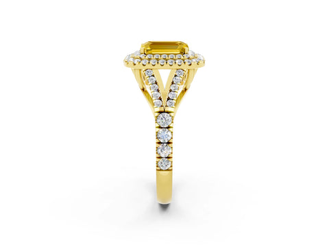 Yellow gold Double Halo Emerald Cut Yellow Sapphire Split Shank Engagement Ring with Four-Prong Setting_2