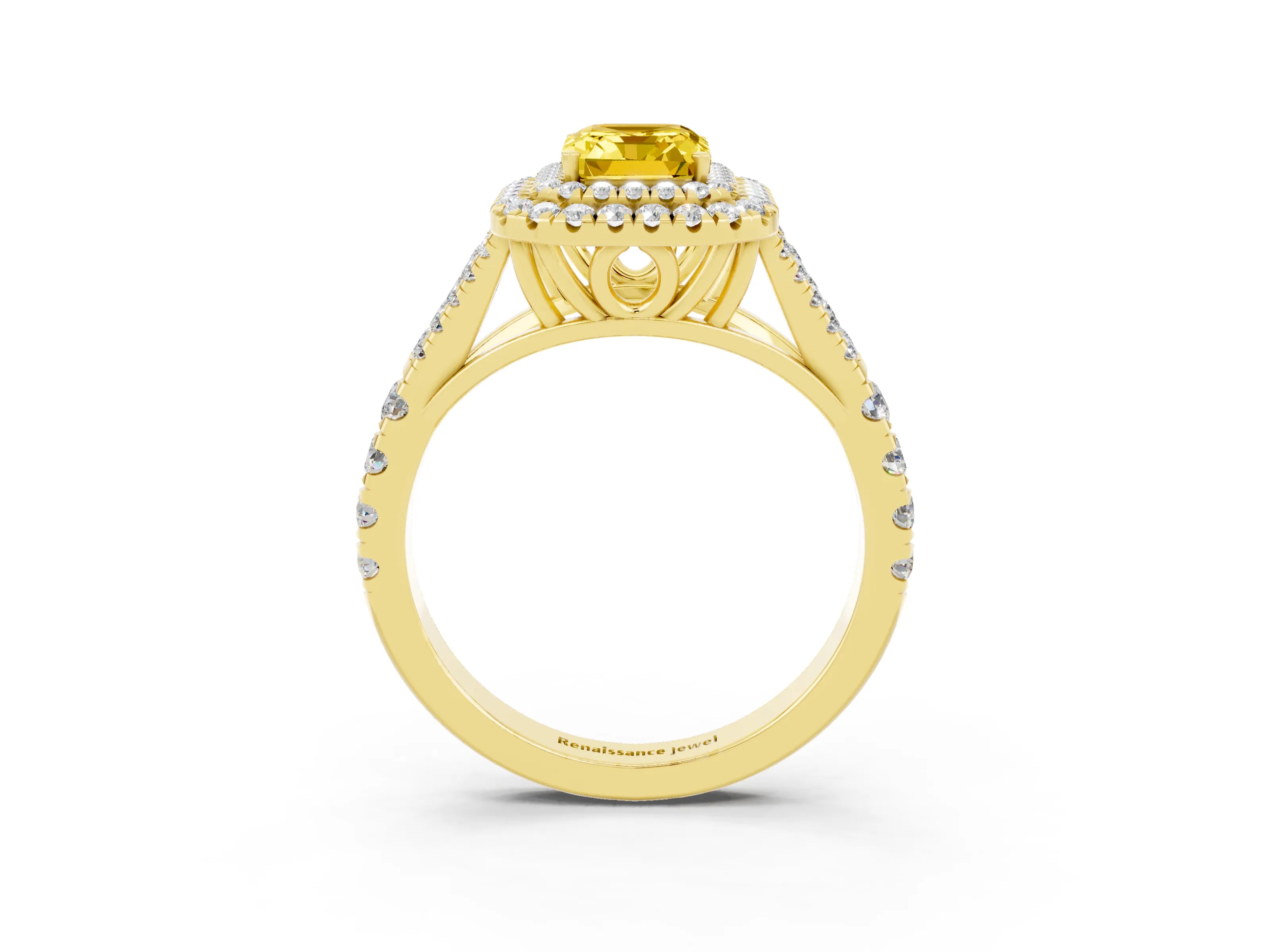 Yellow gold Double Halo Emerald Cut Yellow Sapphire Split Shank Engagement Ring with Four-Prong Setting_3