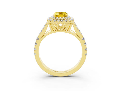 Yellow gold Double Halo Emerald Cut Yellow Sapphire Split Shank Engagement Ring with Four-Prong Setting_3