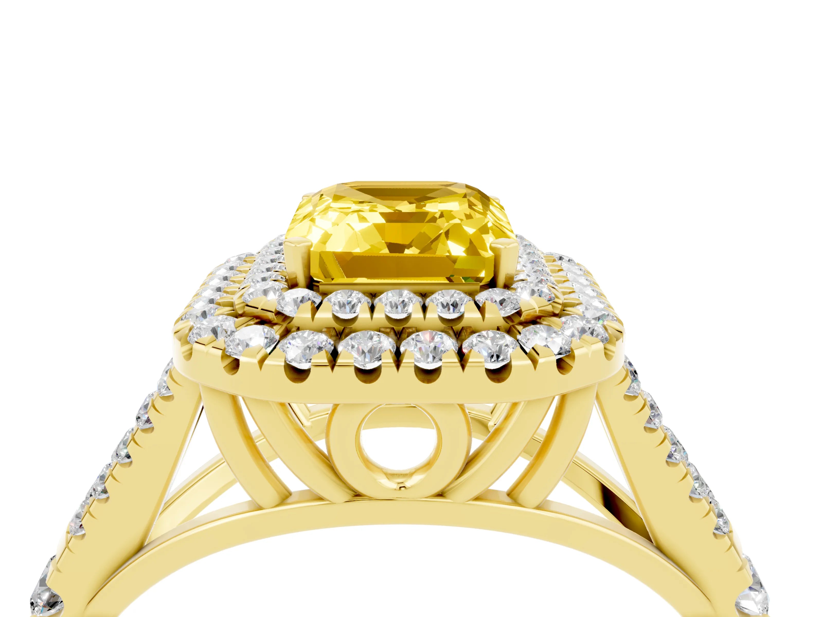 Yellow gold Double Halo Emerald Cut Yellow Sapphire Split Shank Engagement Ring with Four-Prong Setting_4