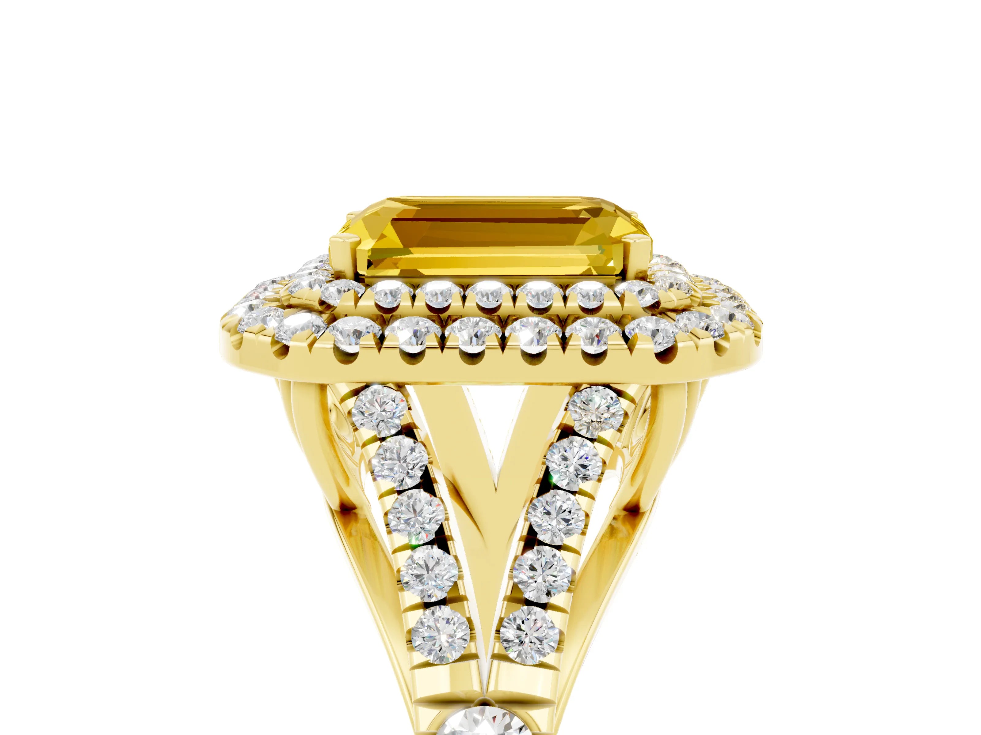 Yellow gold Double Halo Emerald Cut Yellow Sapphire Split Shank Engagement Ring with Four-Prong Setting_5