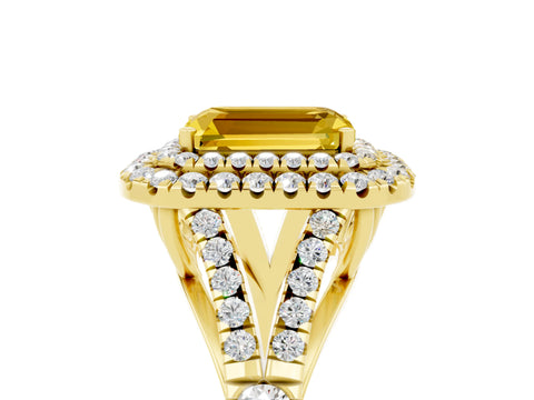 Yellow gold Double Halo Emerald Cut Yellow Sapphire Split Shank Engagement Ring with Four-Prong Setting_5