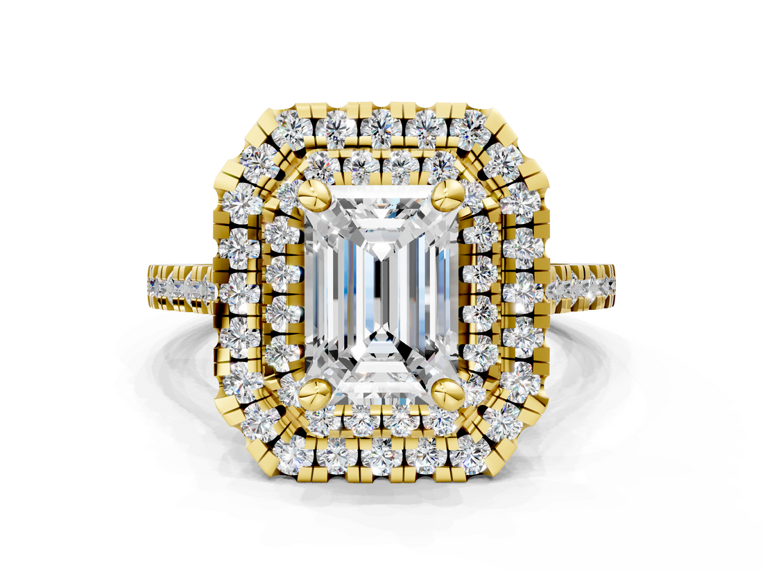 Yellow gold Double Halo Emerald Diamond Pave Band with Four-Prong Setting_58