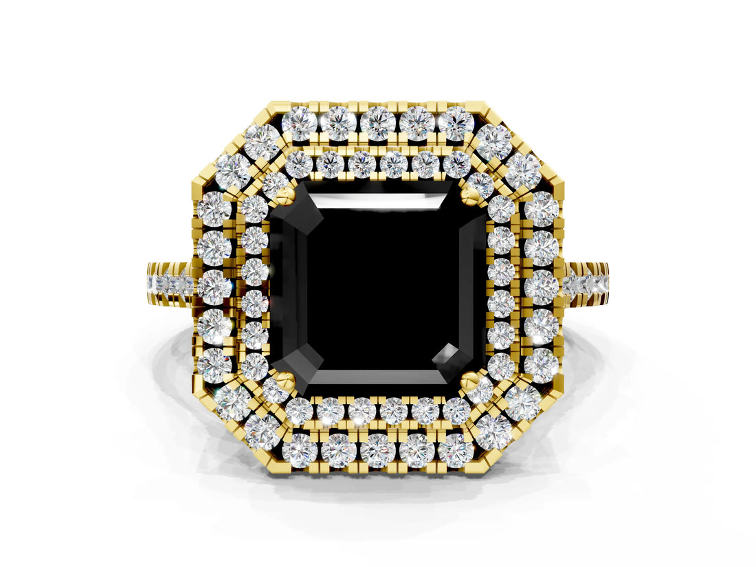 Yellow gold Double Halo Fancy Black Asscher Cut Diamond Pavé Band with Four-Prong Setting