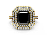 Yellow gold Double Halo Fancy Black Asscher Cut Diamond Pavé Band with Four-Prong Setting