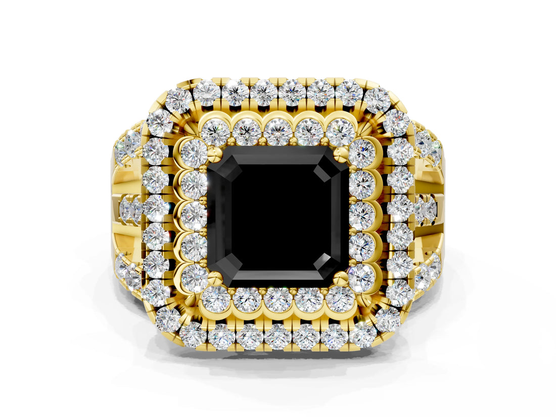 Yellow gold Double Halo Fancy Black Asscher Cut Diamond Split Shank Pave Set Ring_3