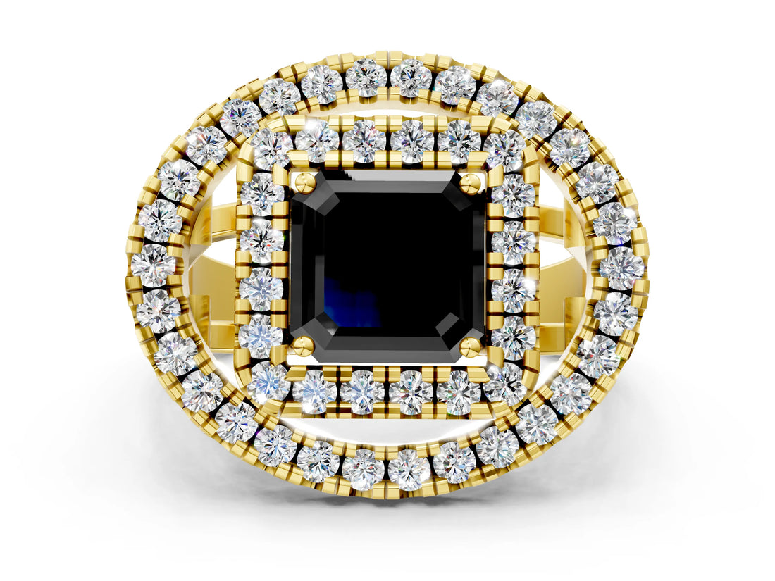 Yellow gold Double Halo Fancy Black Asscher Cut Diamond Split Shank Prong Setting Ring