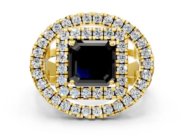Yellow Gold Asscher Cut Double Halo Split Shank Engagement Ring Setting for Black Center