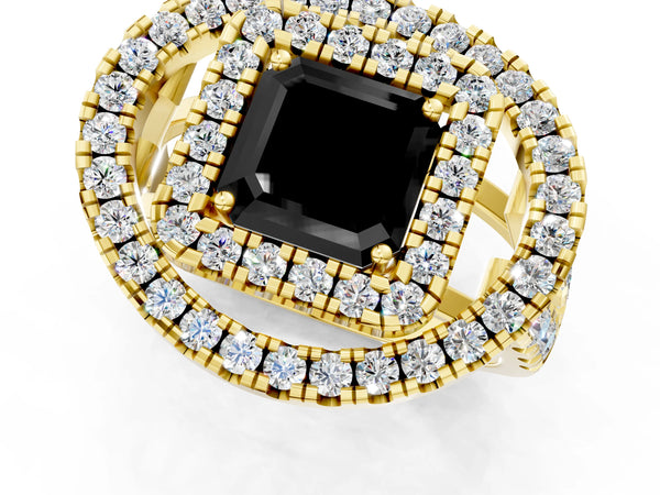Yellow Gold Asscher Cut Double Halo Split Shank Engagement Ring Setting for Black Center