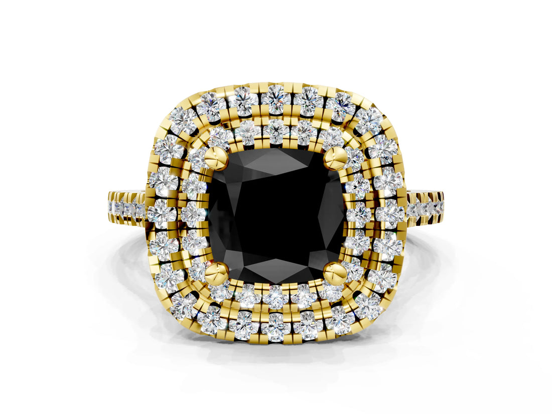 Yellow gold Double Halo Fancy Black Cushion Cut Diamond Pavé Band with Four-Prong Setting
