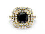Yellow gold Double Halo Fancy Black Cushion Cut Diamond Pavé Band with Four-Prong Setting