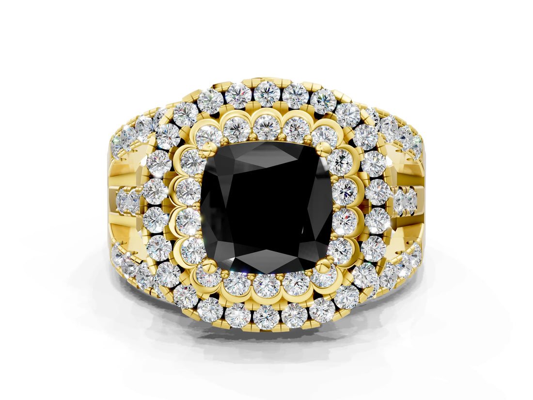 Yellow gold Double Halo Fancy Black Cushion Cut Diamond Split Shank Pave Set Ring_3